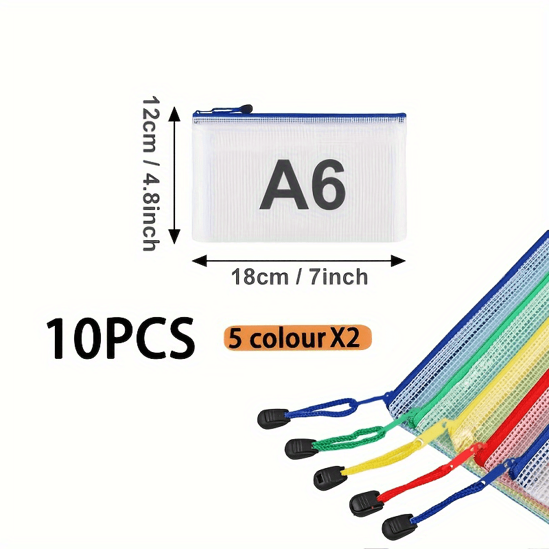 10pcs Multicolor Mesh Waterproof Zipper File Bags for Documents & Envelopes