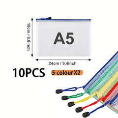 10pcs Multicolor Mesh Waterproof Zipper File Bags for Documents & Envelopes
