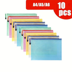 10pcs Multicolor Mesh Waterproof Zipper File Bags for Documents & Envelopes