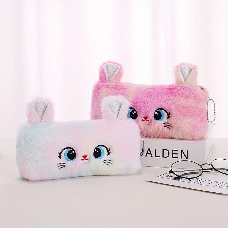 Fluffy Cat Plush Pencil Case Large Capacity Zippered Storage Organizer