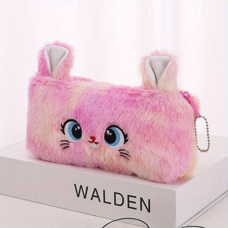 Fluffy Cat Plush Pencil Case Large Capacity Zippered Storage Organizer