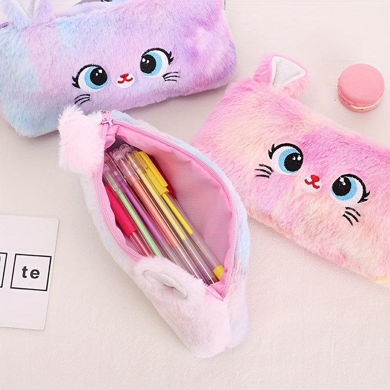 Fluffy Cat Plush Pencil Case Large Capacity Zippered Storage Organizer