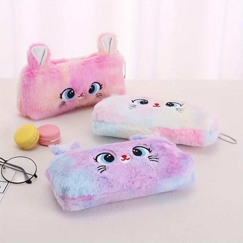 Fluffy Cat Plush Pencil Case Large Capacity Zippered Storage Organizer