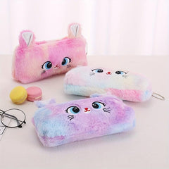 Fluffy Cat Plush Pencil Case Large Capacity Zippered Storage Organizer
