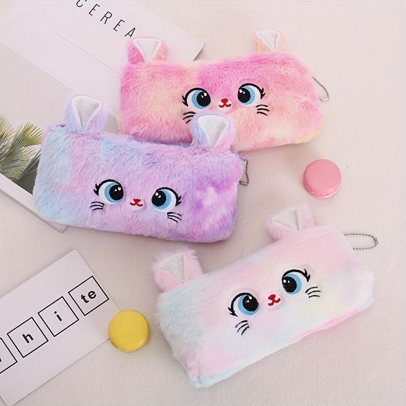 Fluffy Cat Plush Pencil Case Large Capacity Zippered Storage Organizer