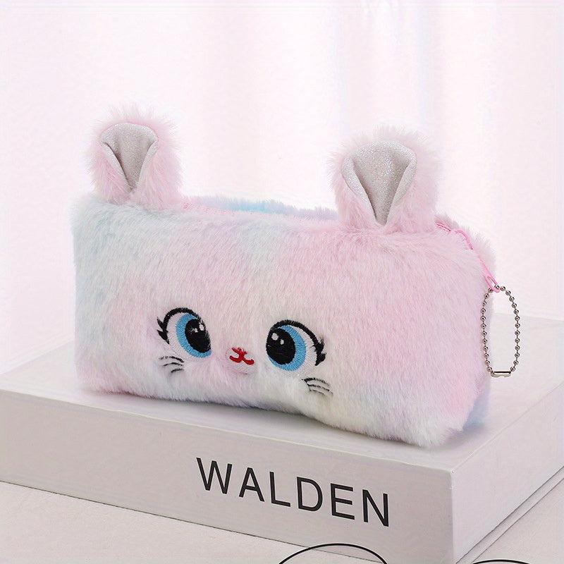 Fluffy Cat Plush Pencil Case Large Capacity Zippered Storage Organizer