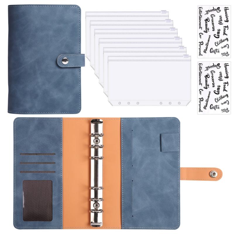 Soft Leather Finance Binder Set w/ 6 Zipper Bags, 12 Budget Cards & 8 Stickers