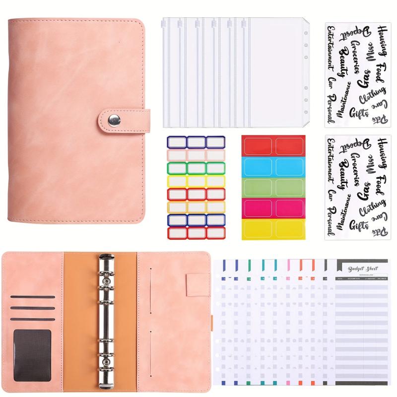 Soft Leather Finance Binder Set w/ 6 Zipper Bags, 12 Budget Cards & 8 Stickers