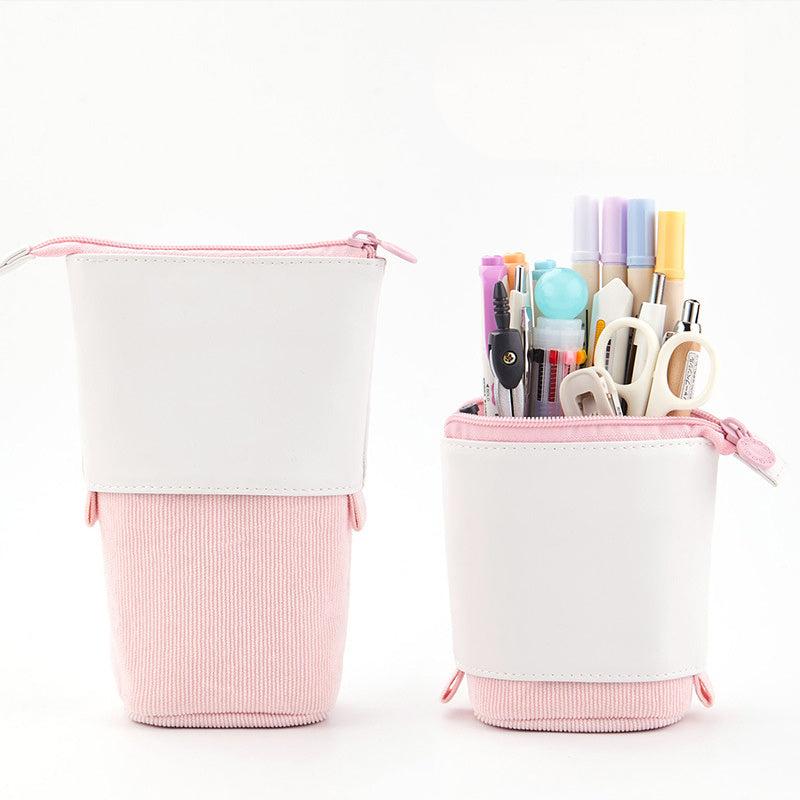 Telescopic Pencil Holder PU Corduroy Stationery Case Organizer