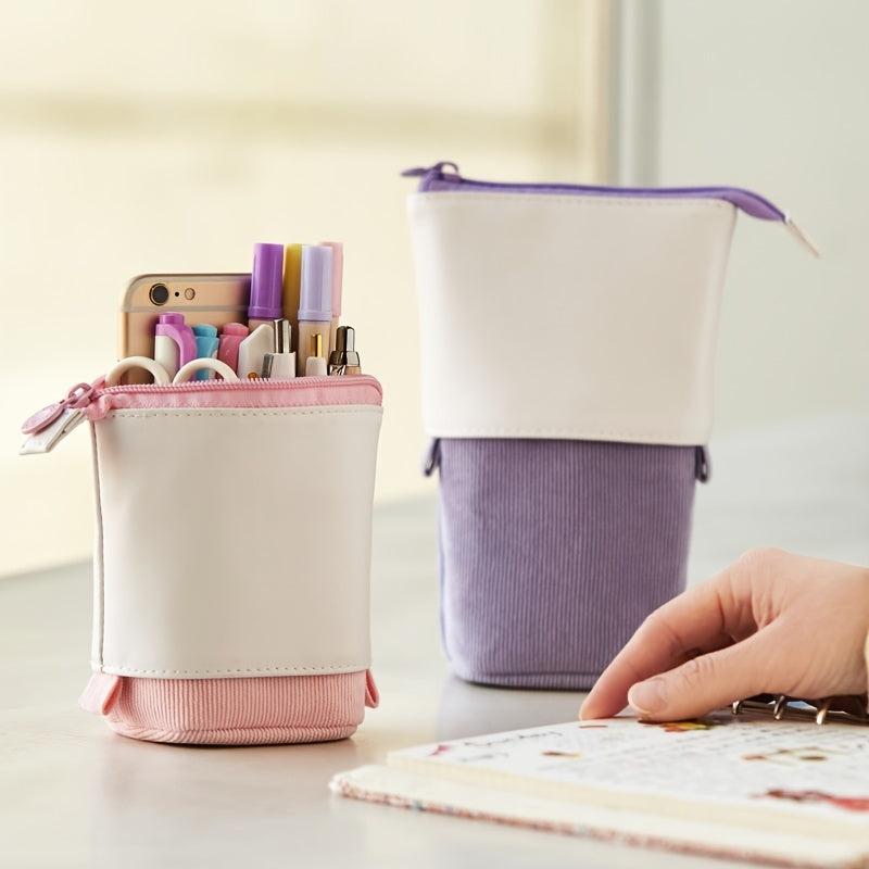 Telescopic Pencil Holder PU Corduroy Stationery Case Organizer