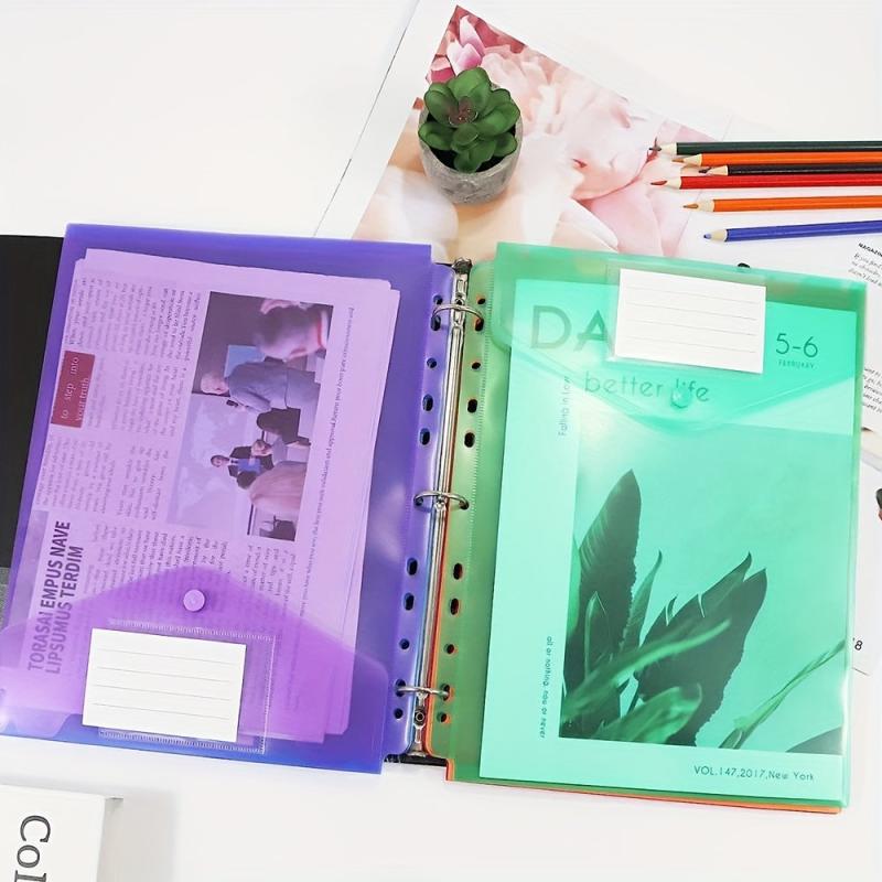 6 Packs Plastic Binder Pockets Clear File Folders Snap Button Closure 11 Holes