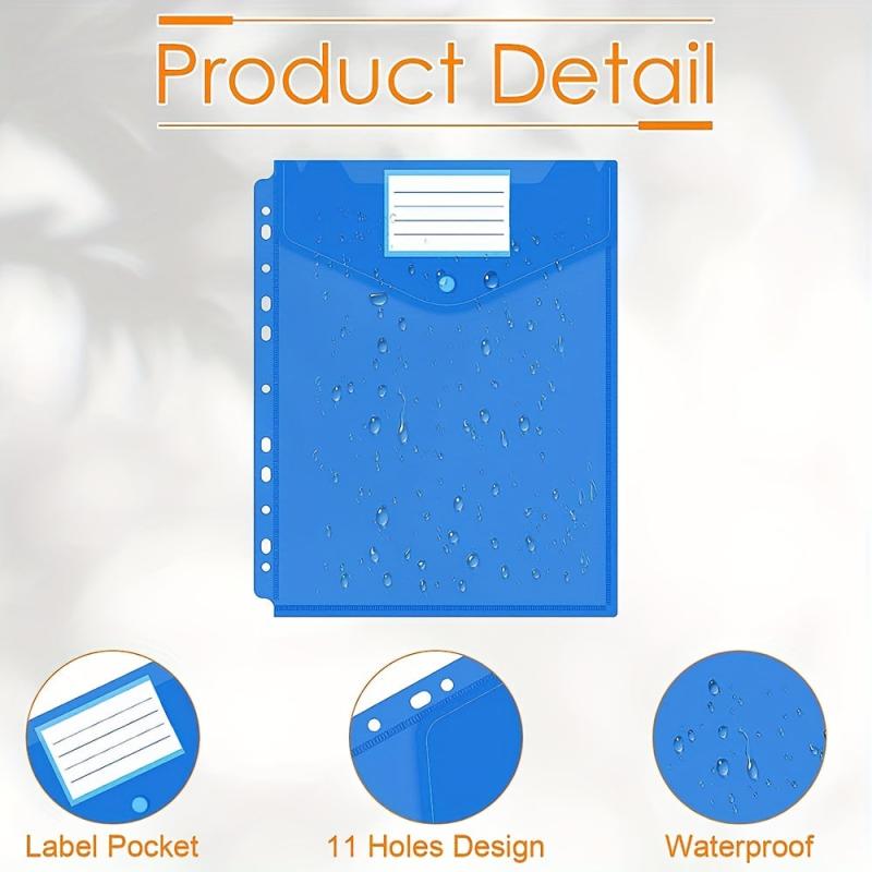 6 Packs Plastic Binder Pockets Clear File Folders Snap Button Closure 11 Holes