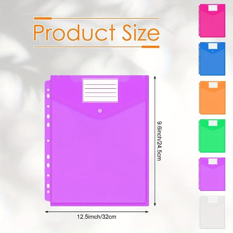 6 Packs Plastic Binder Pockets Clear File Folders Snap Button Closure 11 Holes