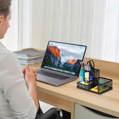 Mesh Pen Holder Desk Organizer with Sticky Notes Holder and 3 Compartments