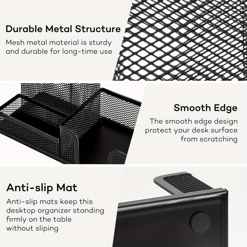 Mesh Pen Holder Desk Organizer with Sticky Notes Holder and 3 Compartments