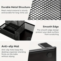 Mesh Pen Holder Desk Organizer with Sticky Notes Holder and 3 Compartments