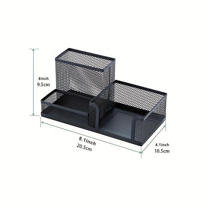 Mesh Pen Holder Desk Organizer with Sticky Notes Holder and 3 Compartments