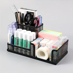 Mesh Pen Holder Desk Organizer with Sticky Notes Holder and 3 Compartments