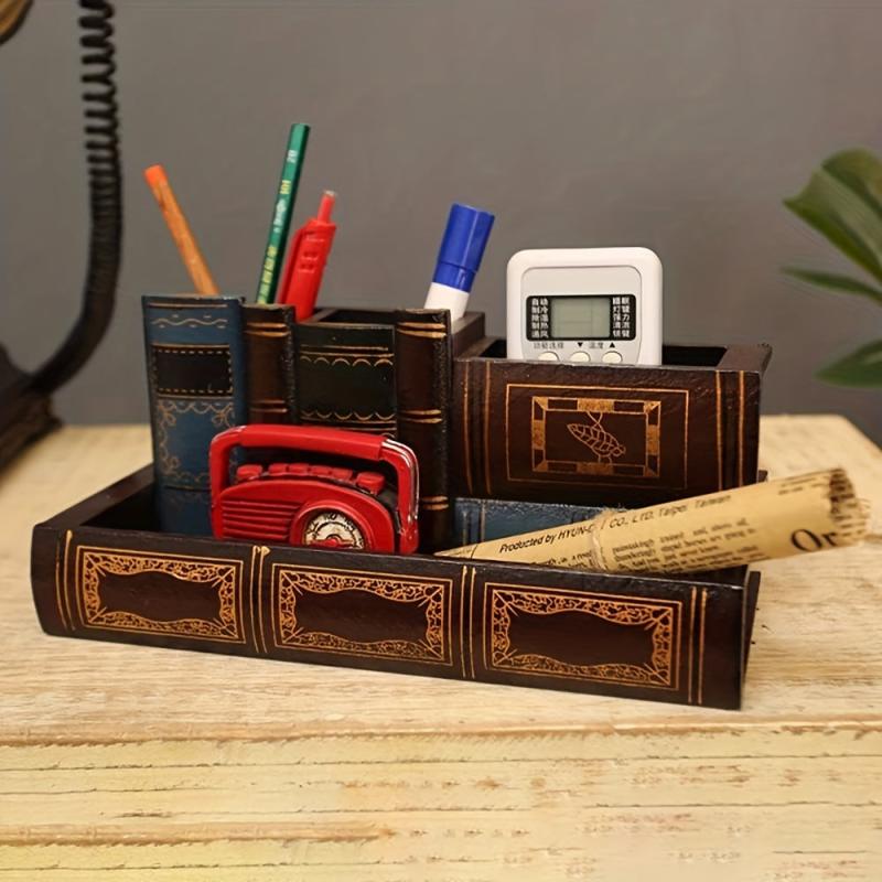 Retro Wood Pen Holder Desk Organizer