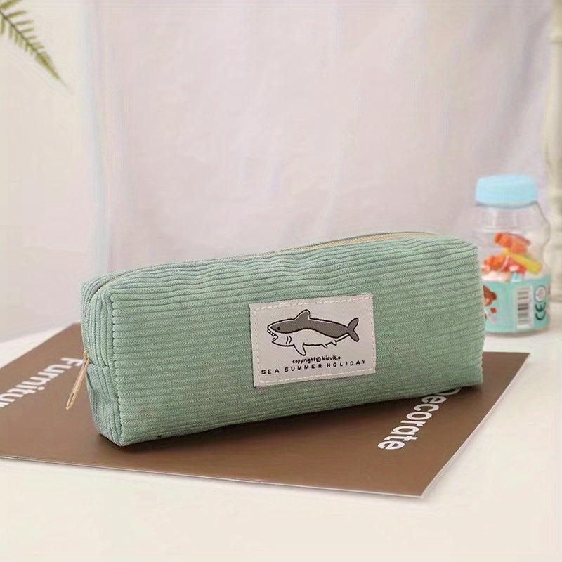 Shark Corduroy Pencil Case Large Capacity Makeup Bag