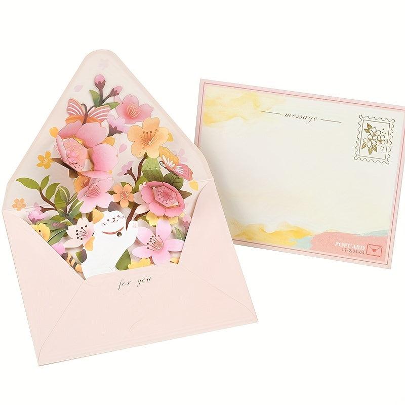 3D Flowers & Cat Pop Up Greeting Card Romantic Wedding Invitation