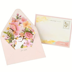 3D Flowers & Cat Pop Up Greeting Card Romantic Wedding Invitation