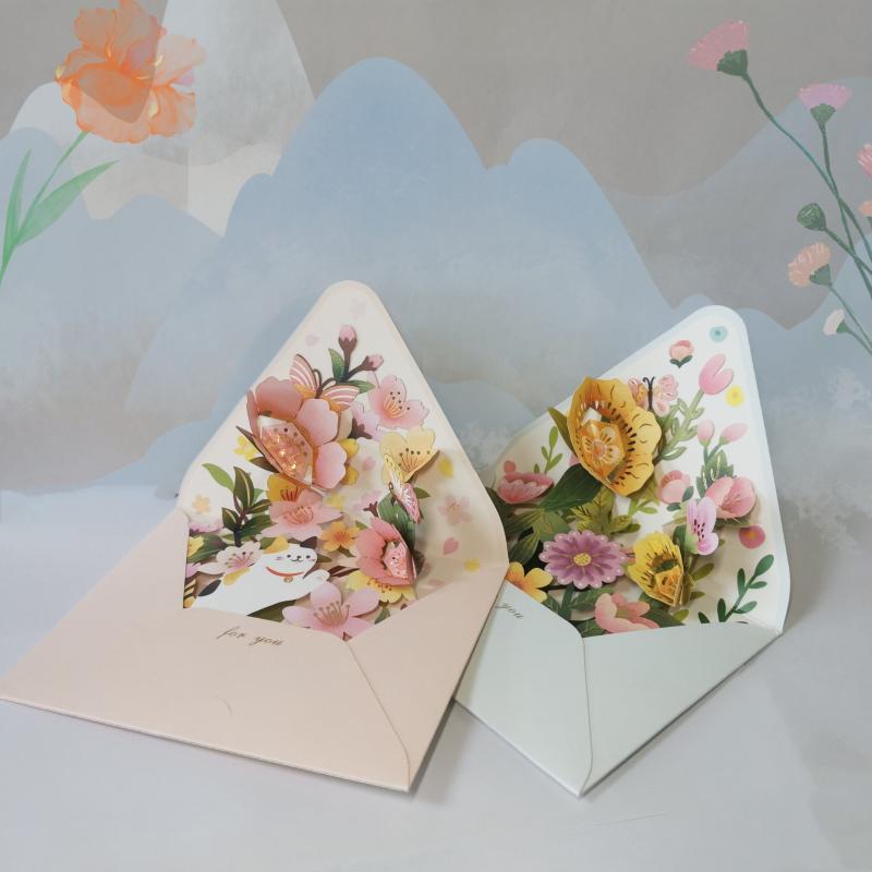 3D Flowers & Cat Pop Up Greeting Card Romantic Wedding Invitation