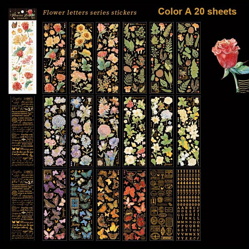 20 Sheets Transparent Flower Stickers For Scrapbooking PET Vintage Plants