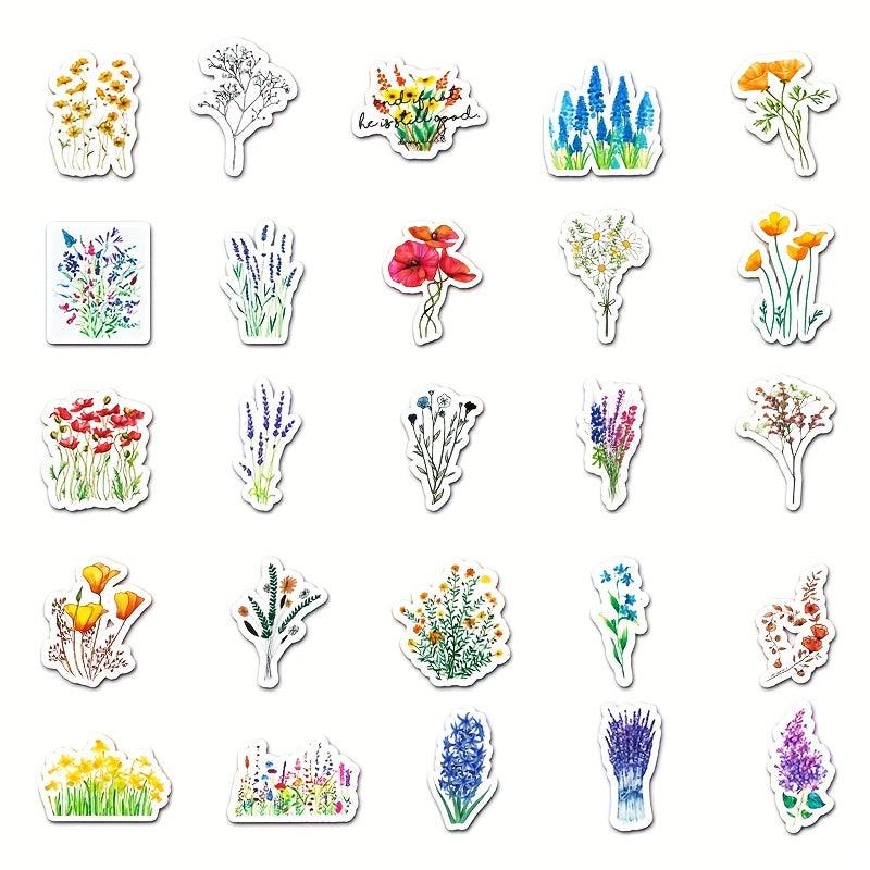 50pcs Flowers Pattern Waterproof Stickers Water Bottles Laptop Scrapbook Luggage
