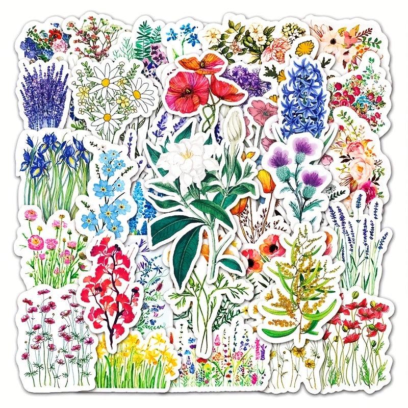50pcs Flowers Pattern Waterproof Stickers Water Bottles Laptop Scrapbook Luggage