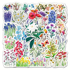 50pcs Flowers Pattern Waterproof Stickers Water Bottles Laptop Scrapbook Luggage