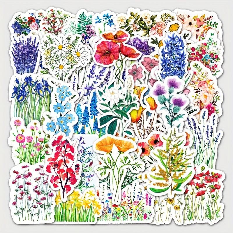 50pcs Flowers Pattern Waterproof Stickers Water Bottles Laptop Scrapbook Luggage