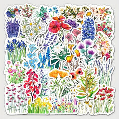 50pcs Flowers Pattern Waterproof Stickers Water Bottles Laptop Scrapbook Luggage