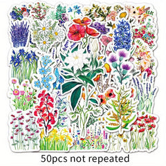 50pcs Flowers Pattern Waterproof Stickers Water Bottles Laptop Scrapbook Luggage