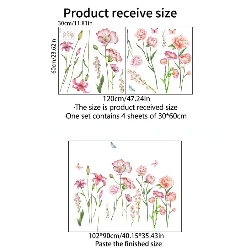 4pcs Flowers Wall Sticker Vinyl Removable Plant Decals Self-adhesive Stickers