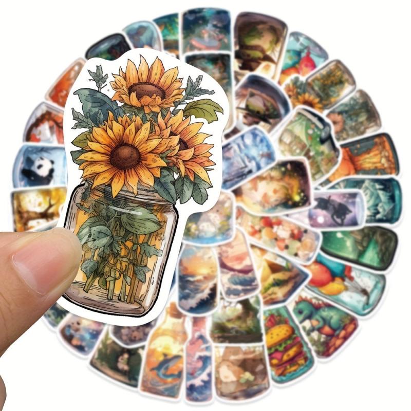 50pcs Micro World In Bottle Cartoon Sticker Illustration Waterproof Stickers