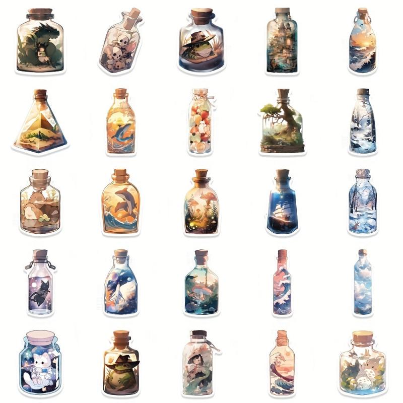 50pcs Micro World In Bottle Cartoon Sticker Illustration Waterproof Stickers