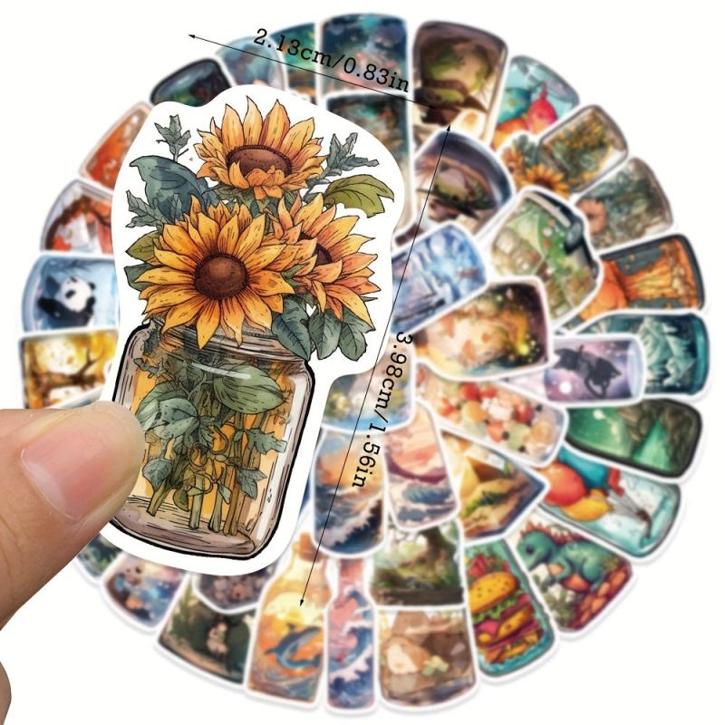 50pcs Micro World In Bottle Cartoon Sticker Illustration Waterproof Stickers