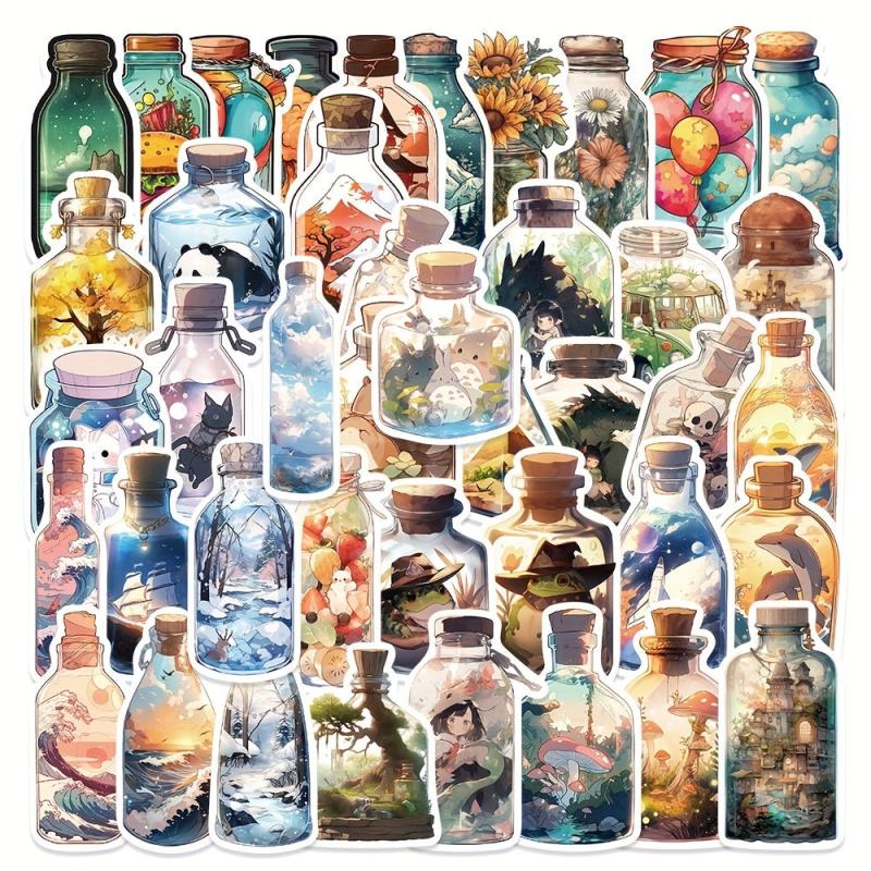 50pcs Micro World In Bottle Cartoon Sticker Illustration Waterproof Stickers