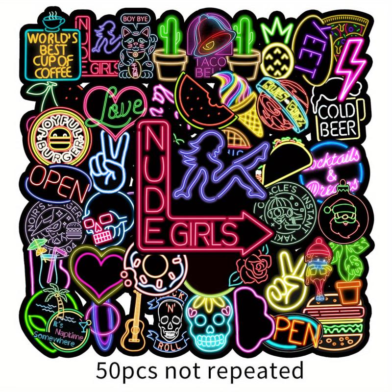 50pcs Neon Pattern Waterproof Stickers Water Bottles Laptop Scrapbook Luggage
