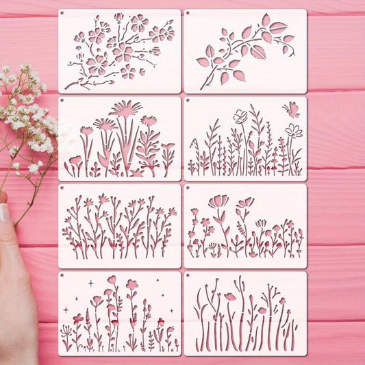 8pcs Wild Flower Stencils Cherry Flowers Vine Stencil With Metal Ring