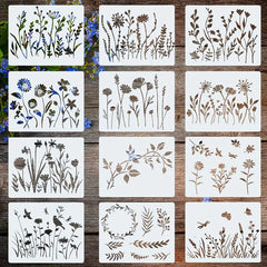 12 Flower Painting Templates DIY Craft Furniture Wall Art Wooden Floor Stencil