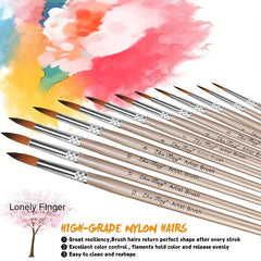 12pcs Professional Paint Brushes Set Round Pointed Tip Nylon Hair