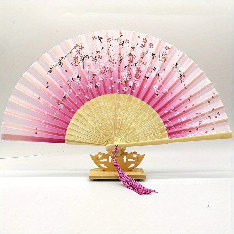 Chinese Silk Folding Fan Wooden Handle Classical Dance Fan