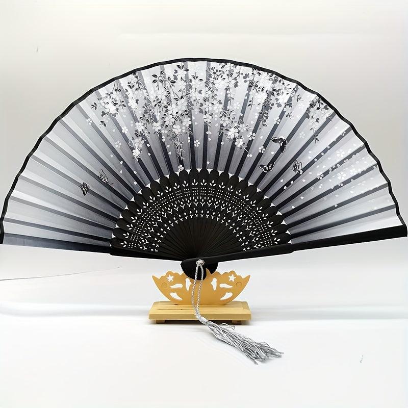 Chinese Silk Folding Fan Wooden Handle Classical Dance Fan