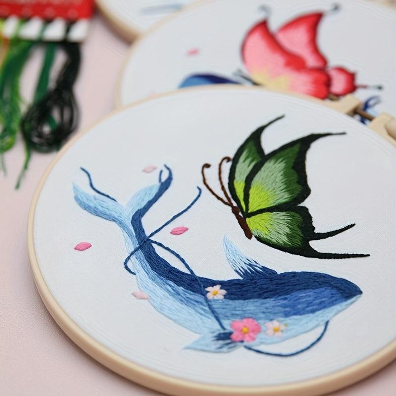 4pcs Whale & Butterfly Embroidery Kit for Beginners, Hoop, Threads, Needles