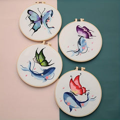 4pcs Whale & Butterfly Embroidery Kit for Beginners, Hoop, Threads, Needles