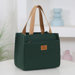 Stylish Canvas Tote Bag with Insulated Compartment Zipper Closure Beige Green