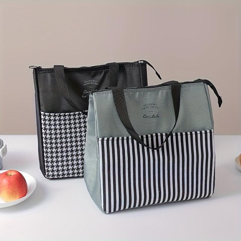 Stylish Insulated Lunch Tote Bag with Striped Compartments & Mesh Pocket