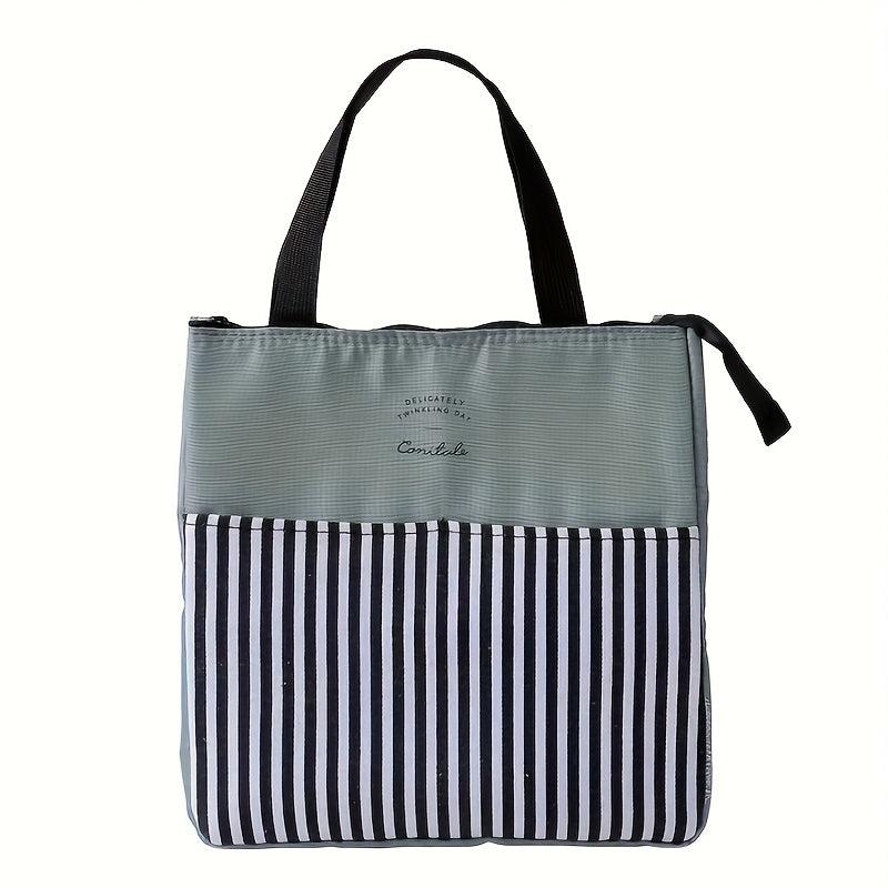 Stylish Insulated Lunch Tote Bag with Striped Compartments & Mesh Pocket